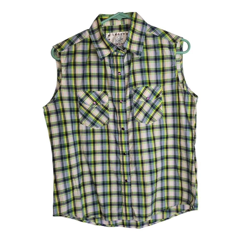 Cowgirl Shirt Womens Sz Medium Sleeveless Plaid Pearl‎ Snap Western Purple Rodeo